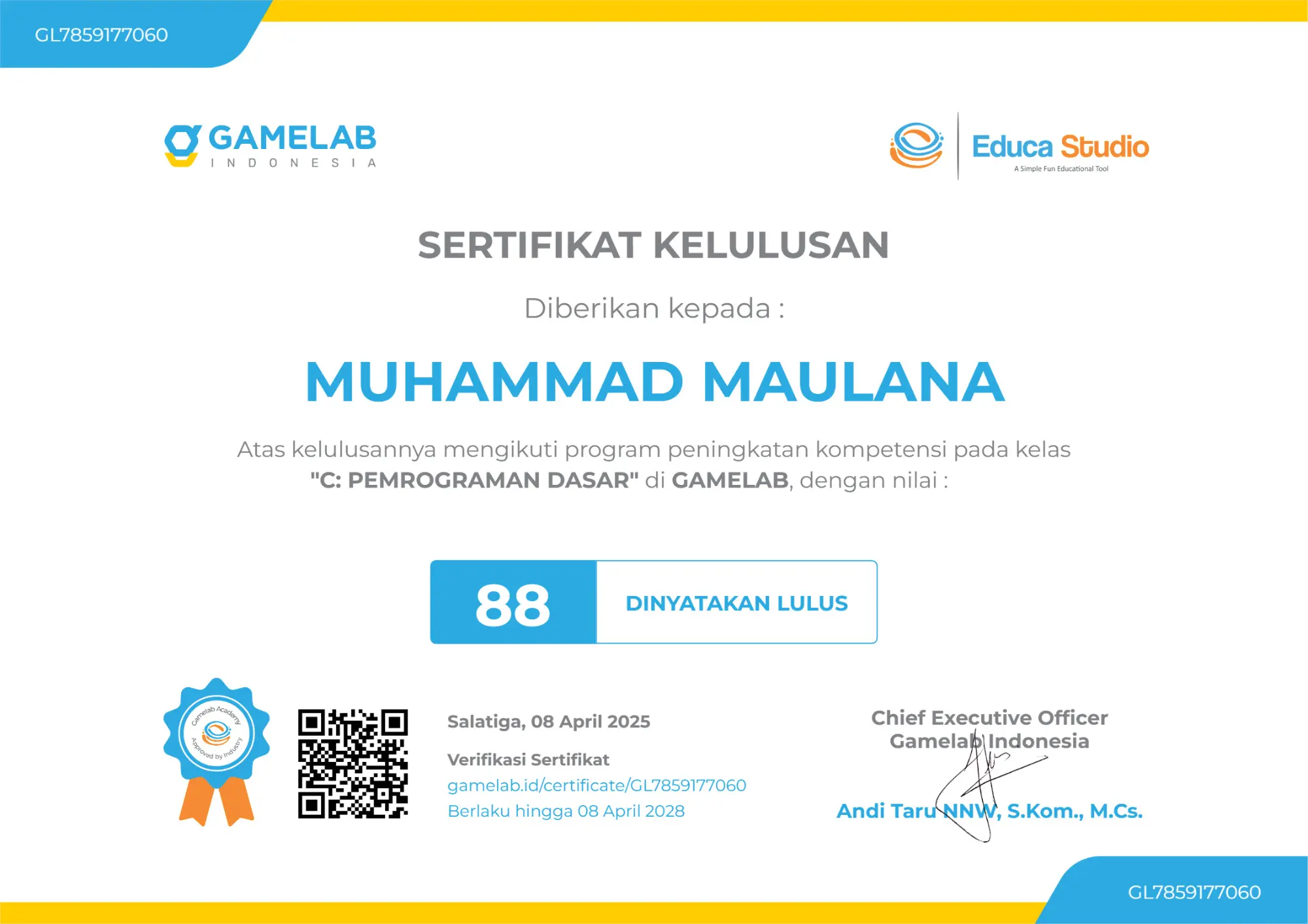 Sertifikat Pemrograman Dasar C - Gamelab