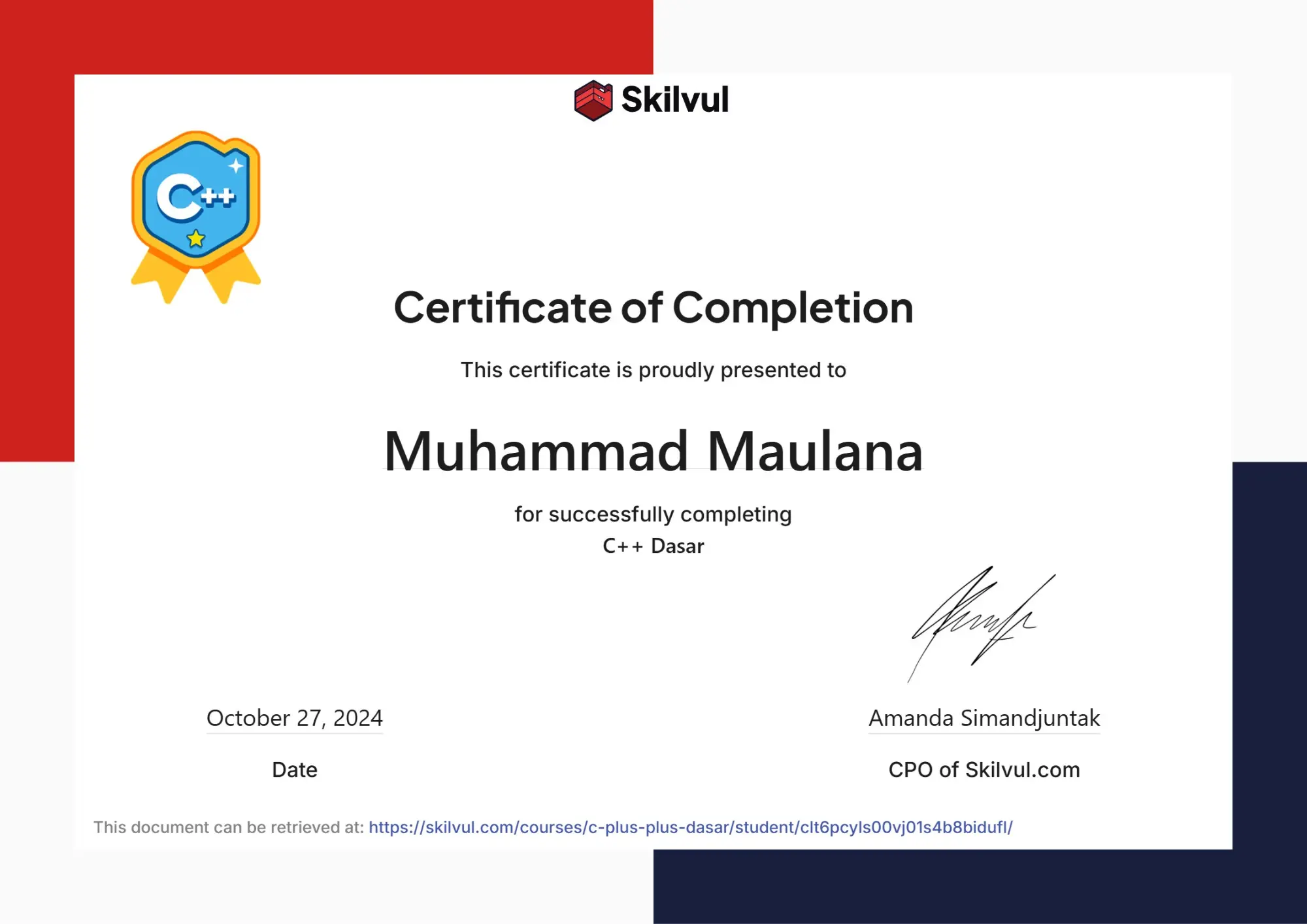 Sertifikat Pemrograman Dasar C++ - Skilvul