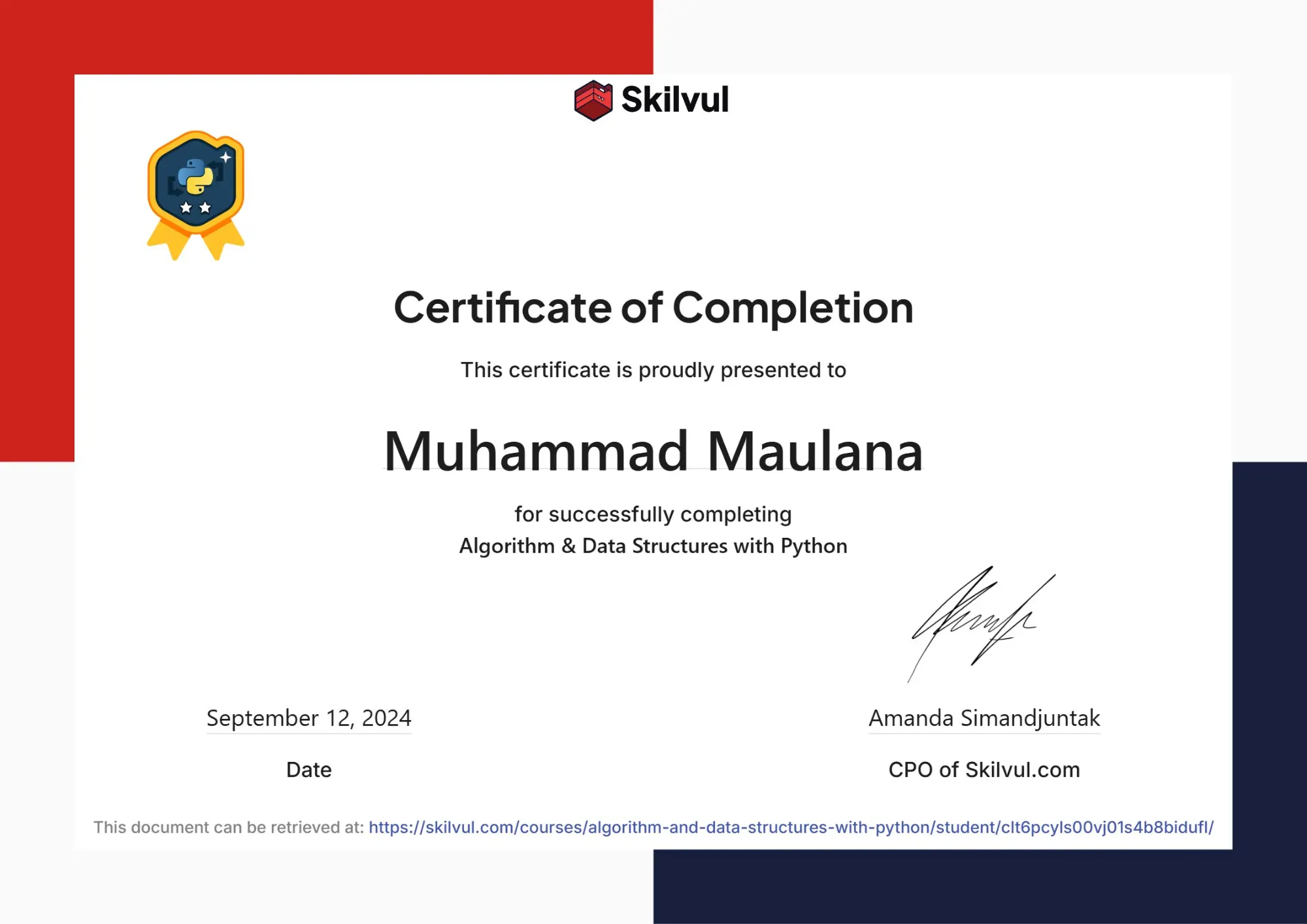 Sertifikat Algoritma dan Struktur Data dengan Python - Skilvul