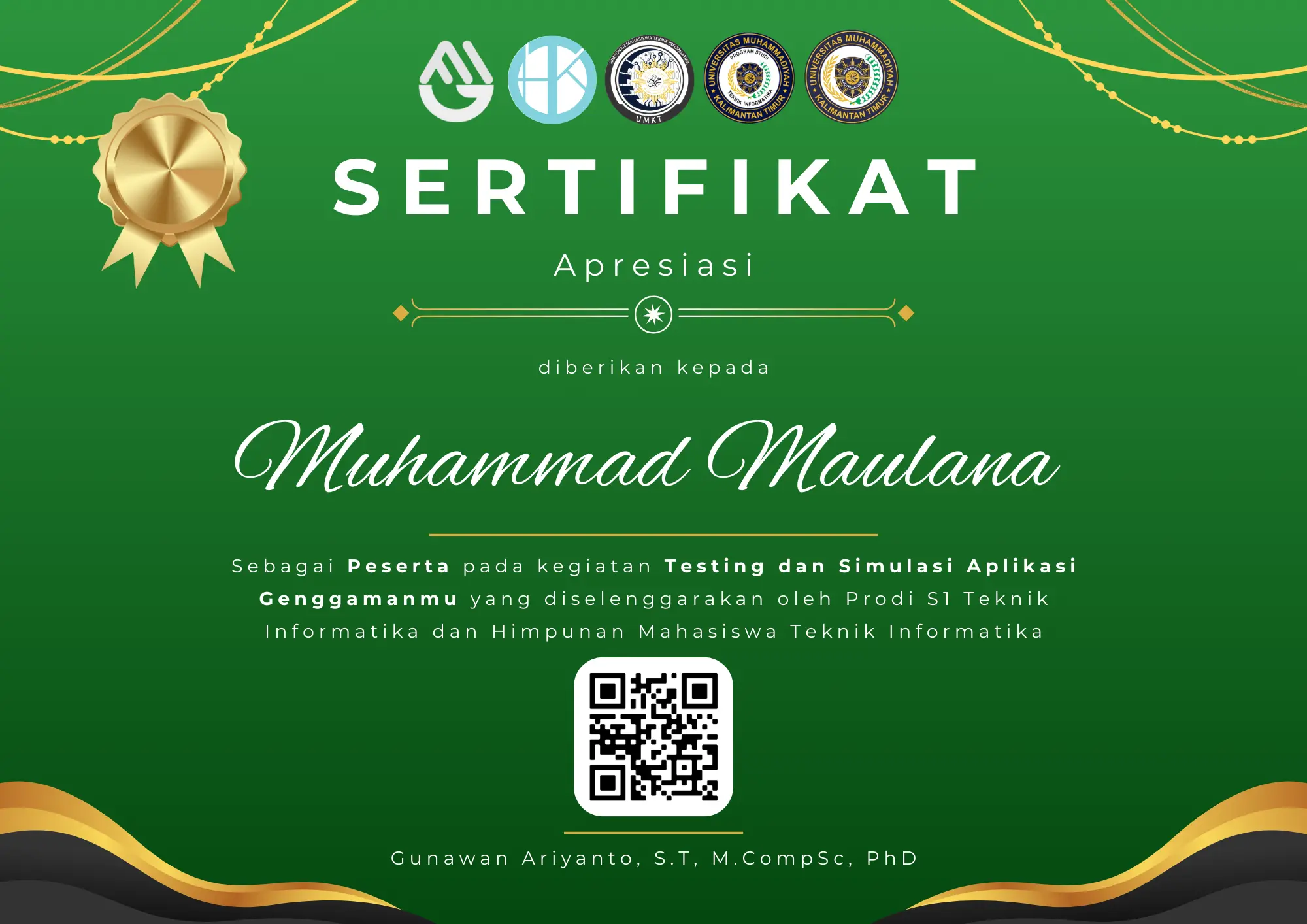 Sertifikat Testing dan Simulasi Aplikasi Genggamanmu - UMKT