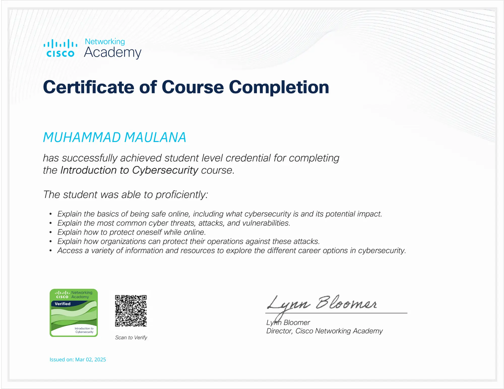 Sertifikat Introduction to Cybersecurity - Cisco Networking Academy