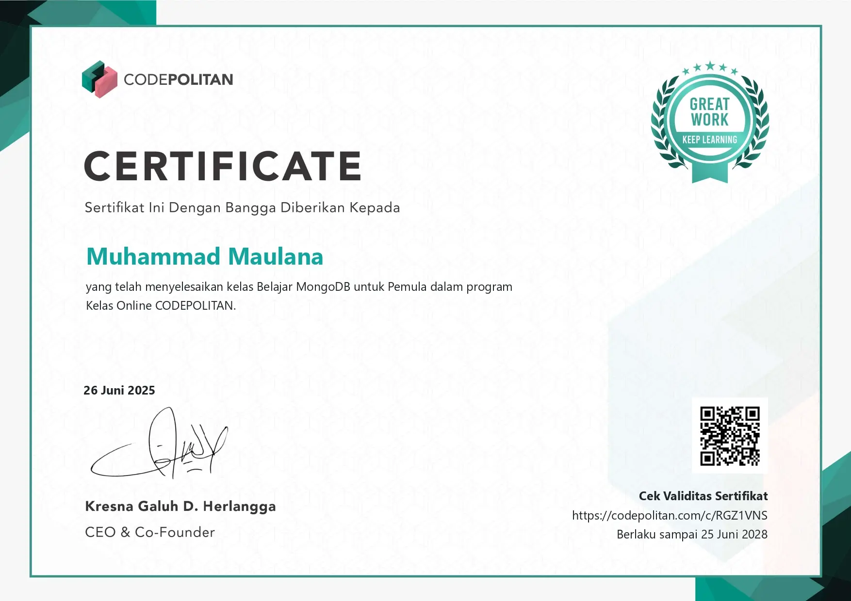 Sertifikat Belajar MongoDB untuk Pemula - CODEPOLITAN