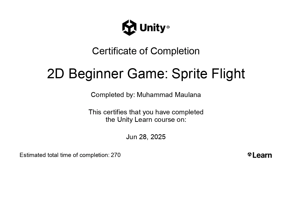Sertifikat 2D Beginner Game: Sprite Flight - Unity Learn
