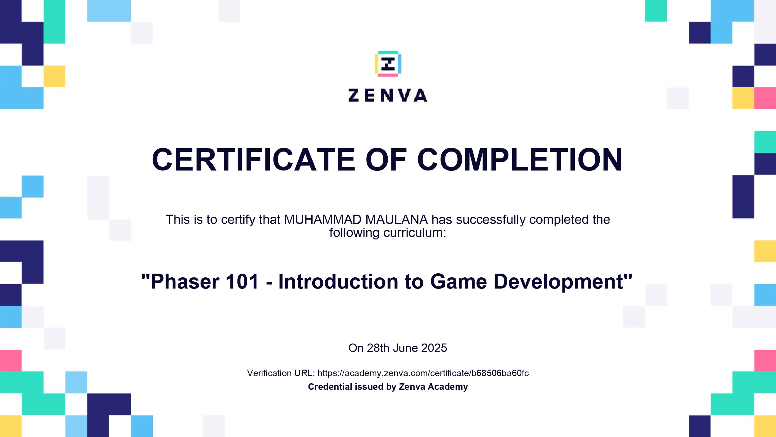 Sertifikat Phaser 101 - Introduction to Game Development - Zenva Academy