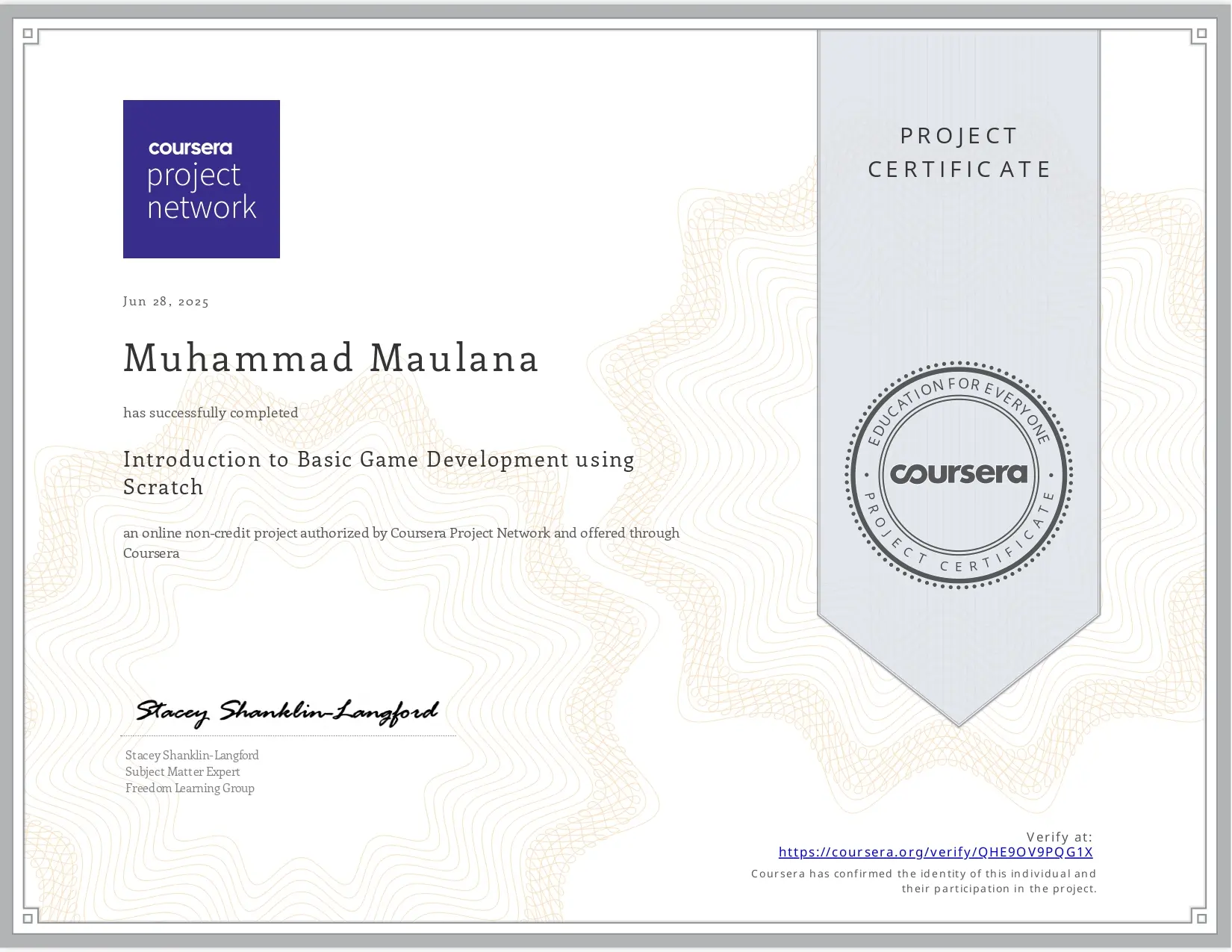 Sertifikat Introduction to Basic Game Development using Scratch - Coursera Project Network