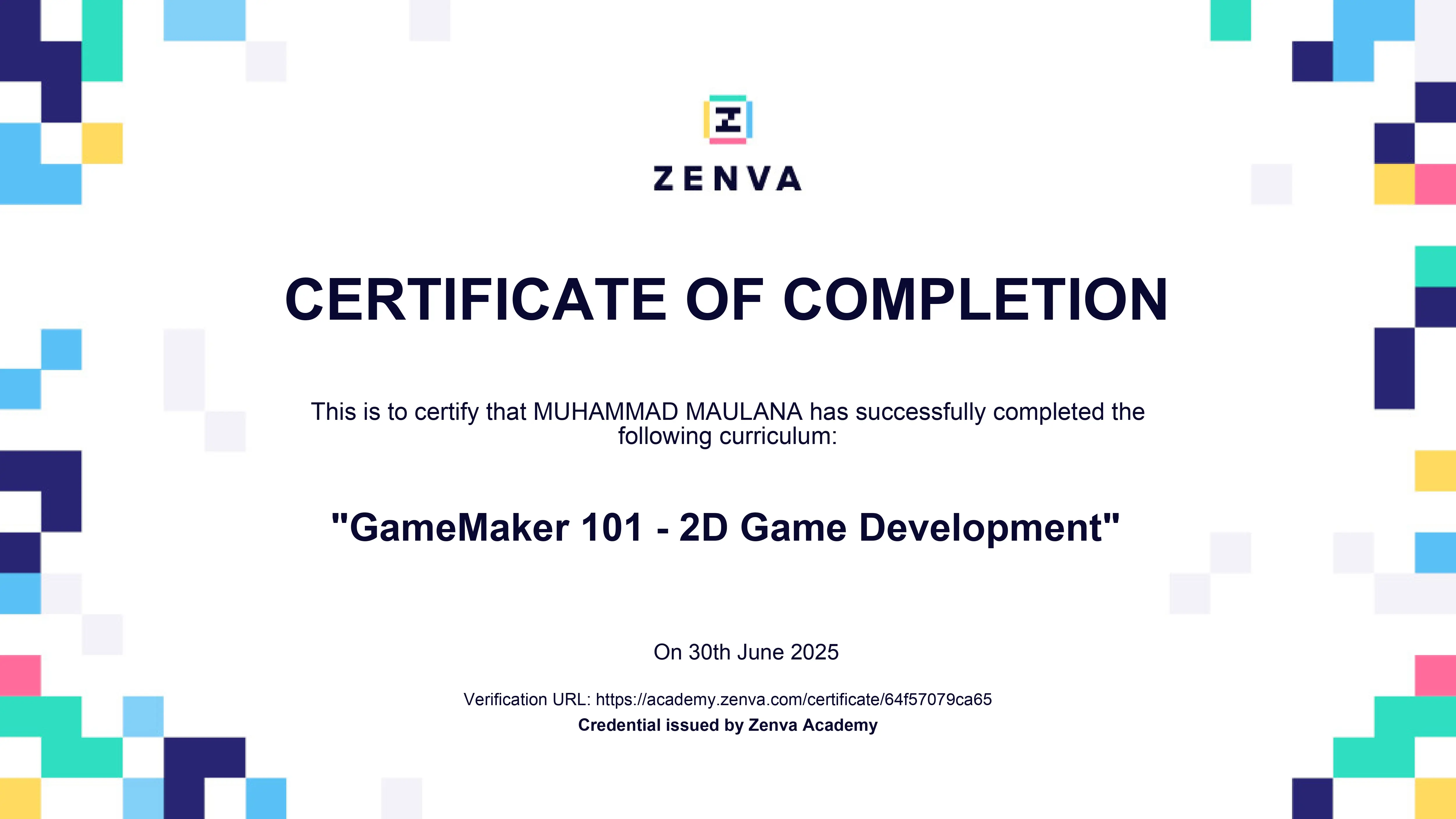 Sertifikat GameMaker 101 - 2D Game Development - Zenva Academy