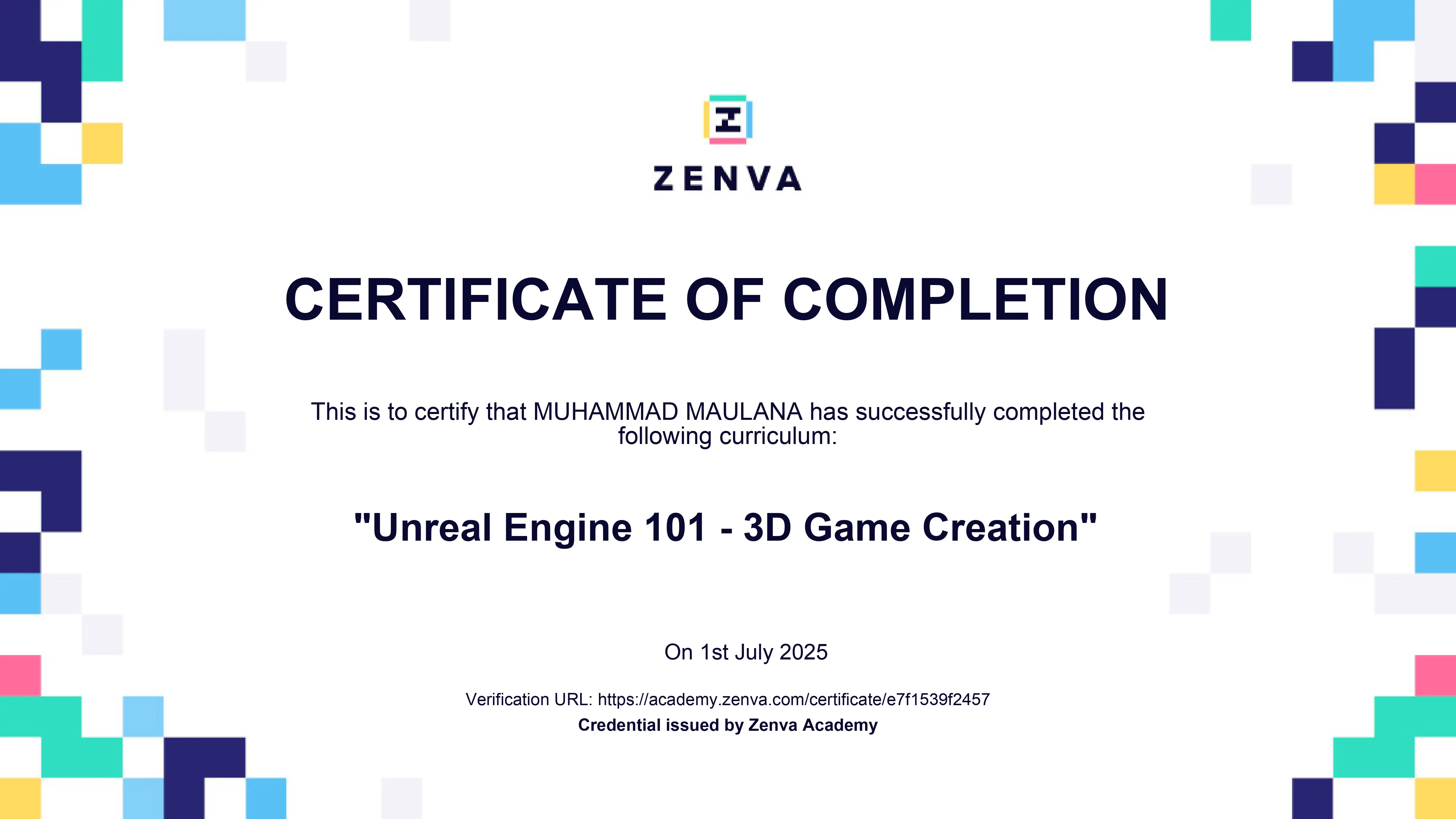 Sertifikat Unreal Engine 101 - 3D Game Creation - Zenva Academy